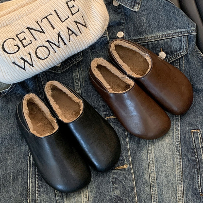 皮面加绒豆豆鞋女冬季2025一脚蹬保暖毛毛鞋软底孕妇棉鞋平底防滑
