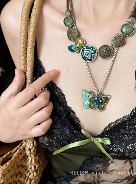 中古vintage复古蝴蝶叠戴项链女双生轻奢小众高级感锁骨颈链配饰