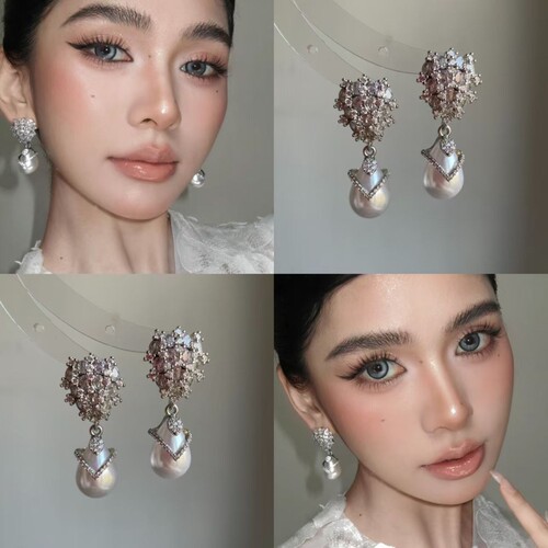 宴会冠冕银色水滴珠珠耳环女高级感小众法式耳饰轻奢耳坠爱心耳钉