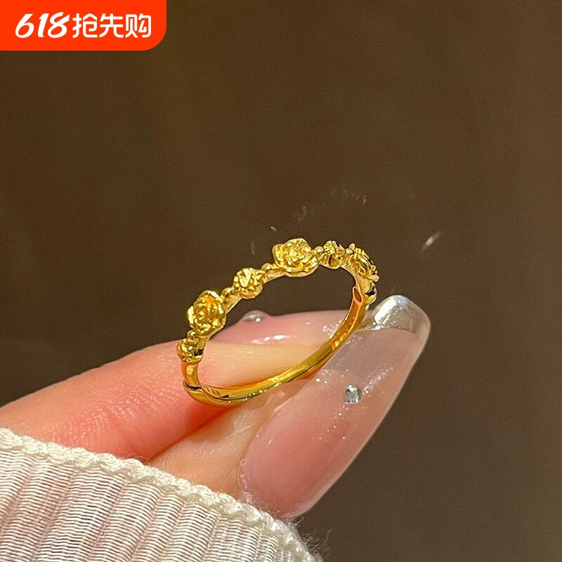法式金色玫瑰花戒指轻奢小众高级感复古宫廷风小花朵指环开口调节