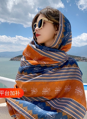 外搭民族风围巾丝巾披肩防晒女薄款云南青海敦煌旅游穿搭纱巾红色