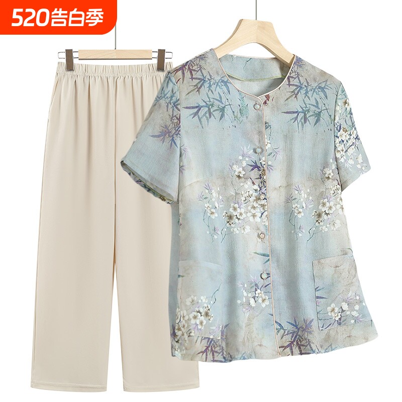 奶奶装夏季短袖衬衫中老年人女装时尚套装老人衣服妈妈夏装上衣