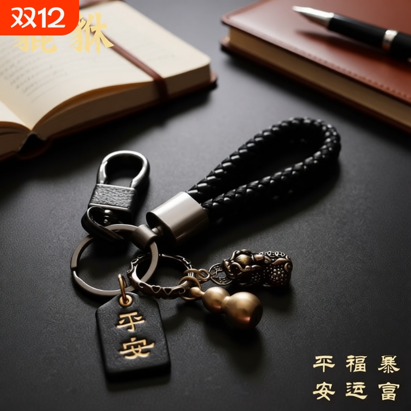 黄铜貔貅钥匙扣手工编织绳男女汽车钥匙挂件钥匙链圈环创意个性$1