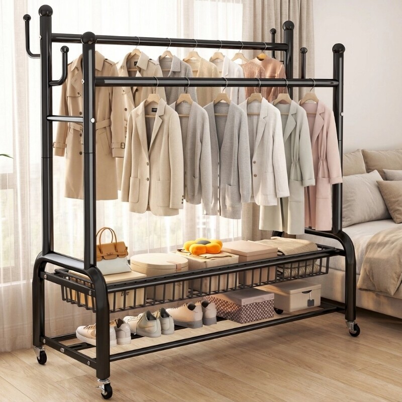 挂衣架卧室落地家用双杆晾衣服架子可移动网篮收纳置物房间衣帽架