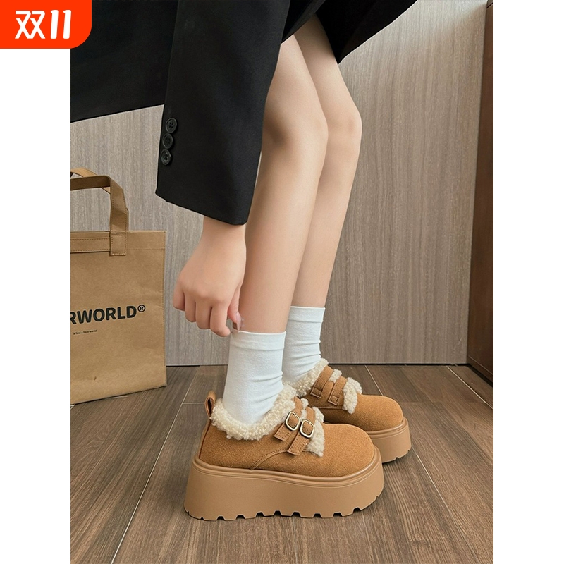 厚底内增高勃肯女鞋子加绒保暖毛毛鞋2025新款冬季雪地靴乐福棉鞋