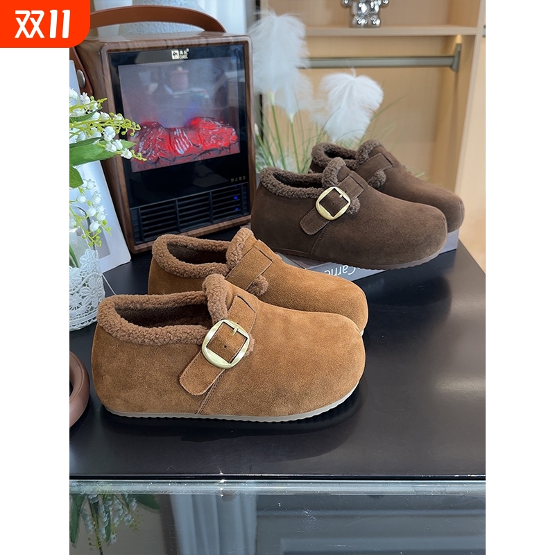 冬季加绒内增高勃肯鞋真皮厚底2025新款丑萌憨憨全包毛毛博肯鞋女