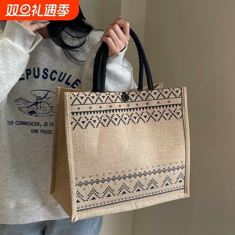 亚麻手提袋大容量旅行上班通勤帆布包学生饭盒包便当袋礼品麻布袋