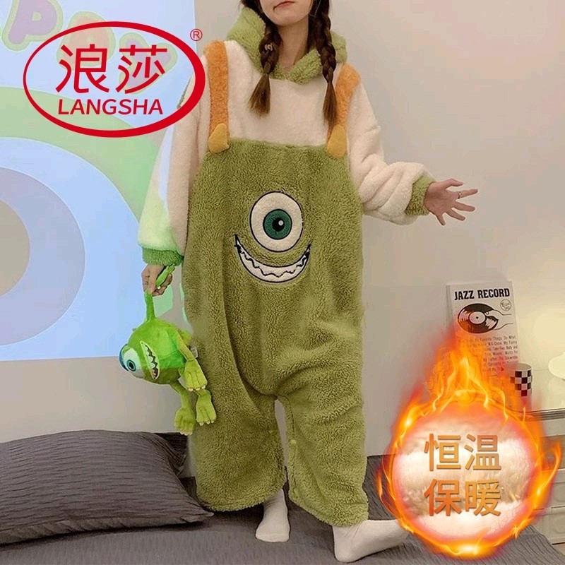 浪莎2025新款睡衣女秋冬季珊瑚绒长袖毛绒家居服连体睡袍草莓熊