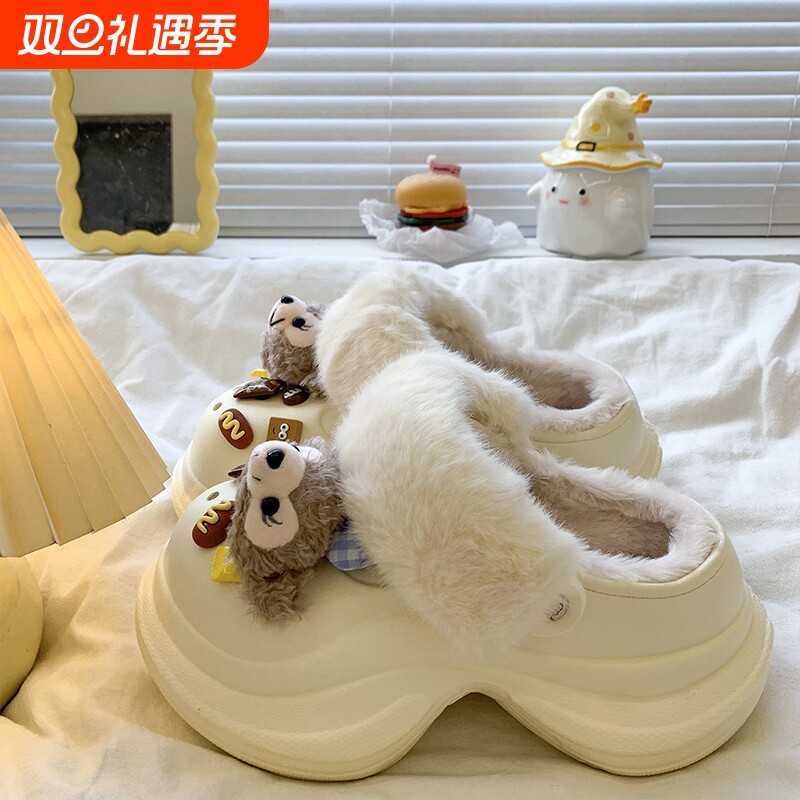 可爱厚底增高加绒洞洞鞋女款2025秋冬新款一脚蹬外穿包头半拖支撑