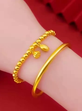 沙金两世欢古法传承手镯手链女仿沙金福牌莲花莲蓬吊坠送礼首饰