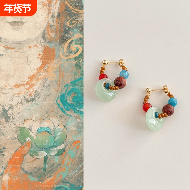 溪御国风原创手作新中式串珠耳环复古天然石国潮耳钉耳饰琉璃