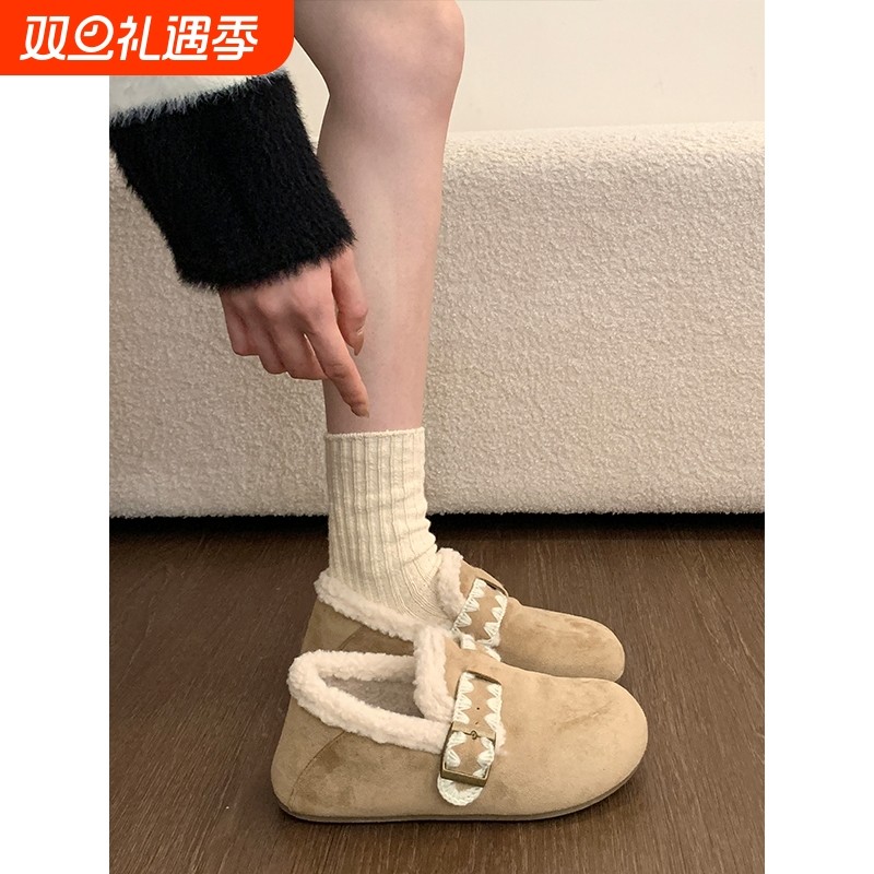 厚底加绒加厚保暖平底棉鞋女2025新款冬季一脚蹬软底勃肯鞋子毛绒