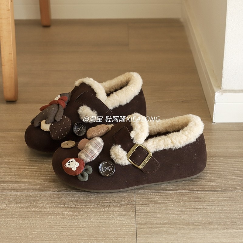 可爱全包勃肯鞋女外穿2025冬新款一脚蹬加绒棉鞋厚底毛毛单鞋毛绒