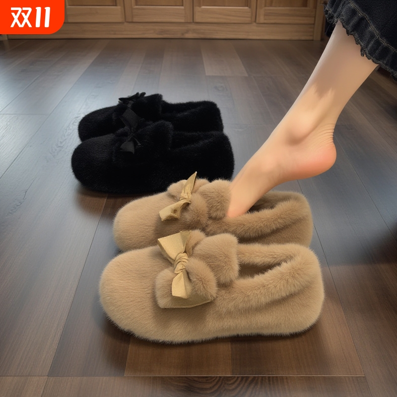 法式毛绒平底超火一脚蹬毛毛鞋子女秋冬外穿2025新款爆款豆豆棉鞋
