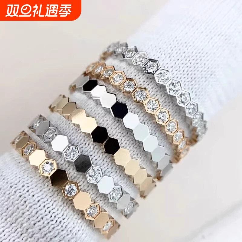 轻奢蜂巢戒指女满钻镀18k玫瑰金蜂窝叠戴半排钻高级感食指环