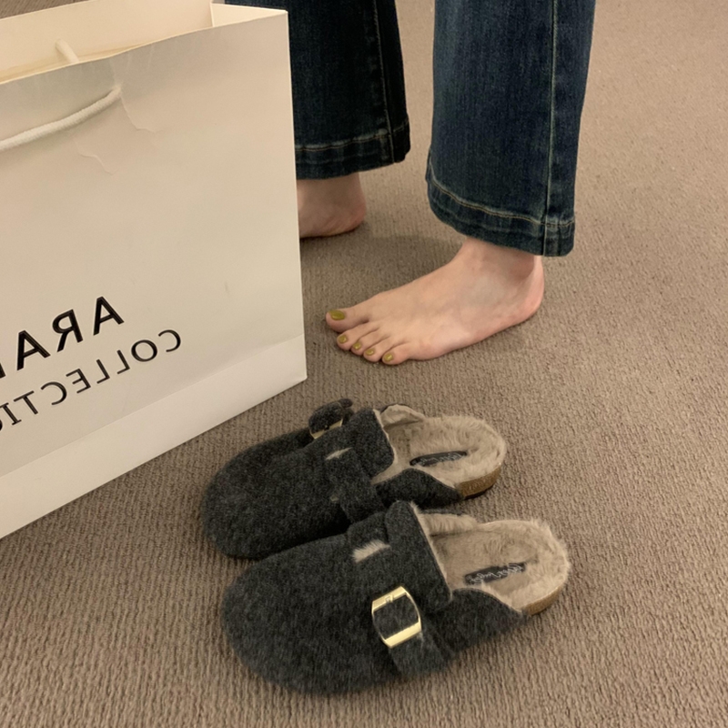 软木底厚底毛毛鞋女秋冬外穿保暖棉鞋一脚蹬包头半拖鞋呢子勃肯鞋