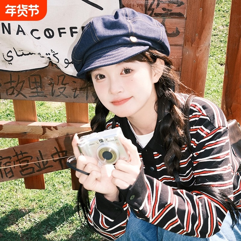 牛仔八角帽子女显脸小日系云朵帽大头围百搭款复古简约画家帽韩版