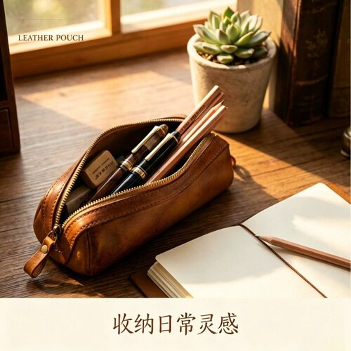 新款植鞣牛皮钢笔包手工擦色