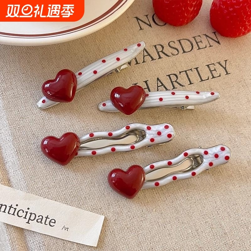 新款甜美可爱波点珍珠鸭嘴夹安可拉红色女发饰百搭显白刘海侧边夹