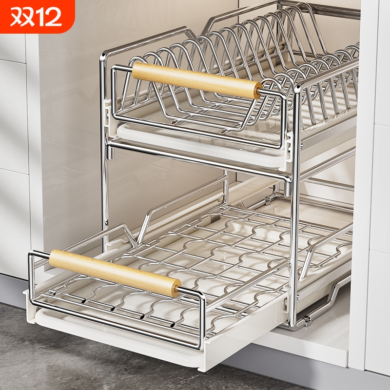不锈钢碗碟收纳架厨房橱柜内置物架抽屉式拉篮抽拉碗架碗盘沥水架