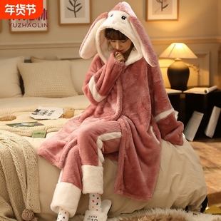 俞兆林睡衣女冬季珊瑚绒加绒加厚睡袍秋天可爱甜美兔家居服套装