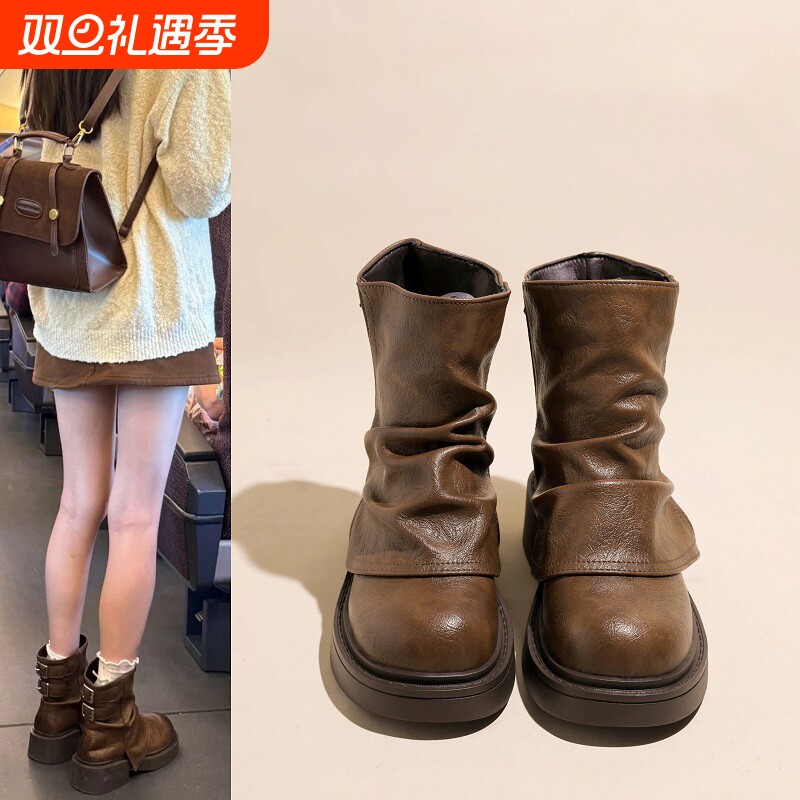 马丁靴女厚底短靴2025年春秋新款复古棕色堆堆靴西部靴裤管靴黑色