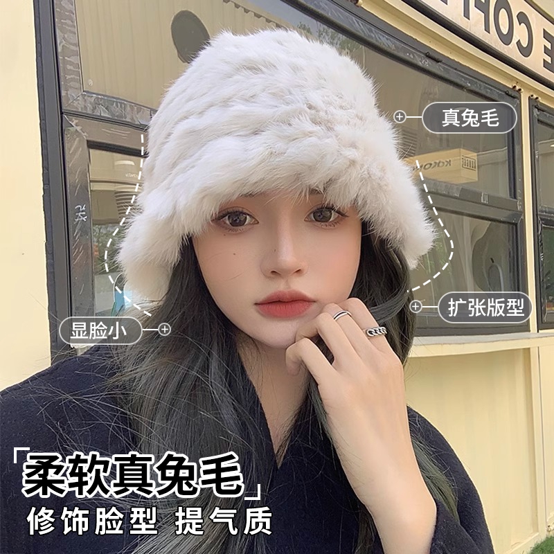 真兔毛云朵白色毛绒帽子女秋冬季保暖显脸小护耳毛线帽针织渔夫帽
