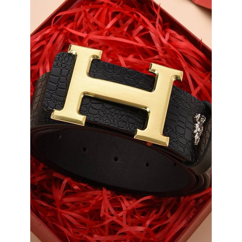 爱马男仕男士皮带新款真皮年轻人字母轻奢平滑扣高档休闲腰带男款