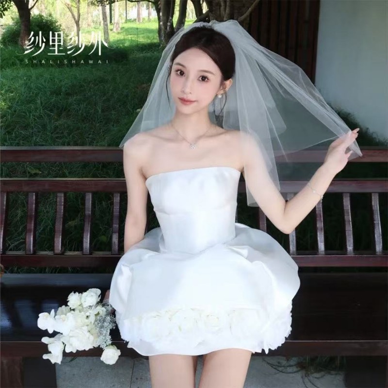 新娘求婚头纱超仙领证结婚短款头饰婚纱蓬蓬登记白色拍照道具蝴蝶