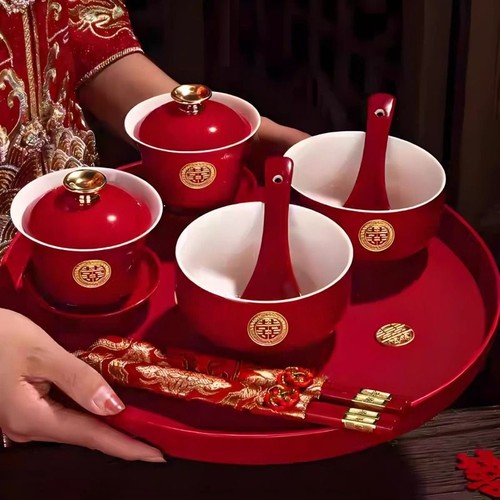 喜庆杯子喜碗结婚礼用品大全敬茶红色敬酒改口盖碗茶具对碗筷套装