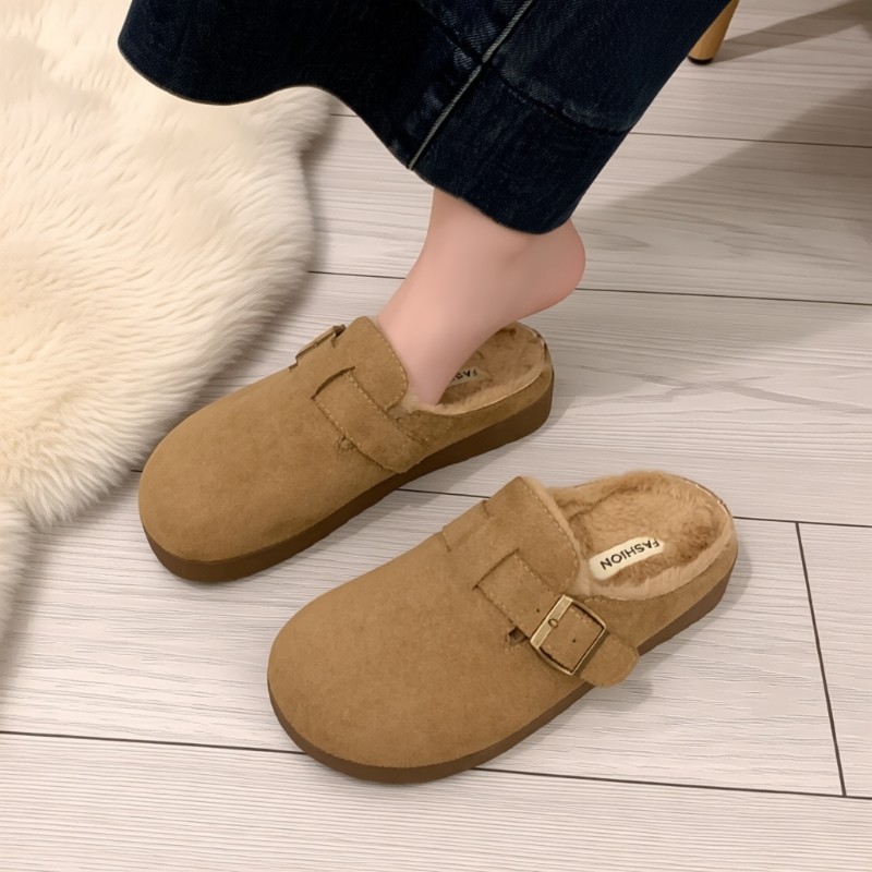 厚底毛毛勃肯鞋女秋冬包头半拖外穿2025新款一脚蹬孕妇加绒棉拖鞋