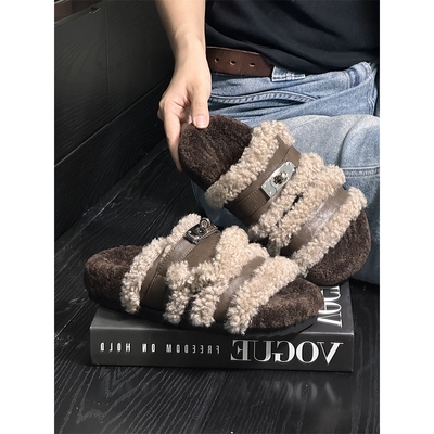 欧货真皮羊羔毛拖鞋女外穿2025新款网红厚底懒人露趾勃肯毛毛鞋潮