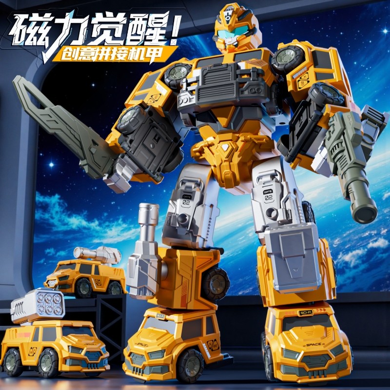 儿童磁力玩具车金刚男孩积木拼装拼接6工程车变形益智机器人2-3岁