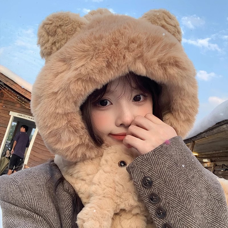小熊耳朵帽子围巾一体女冬季保暖百搭加绒加厚毛绒围脖雷锋帽白色