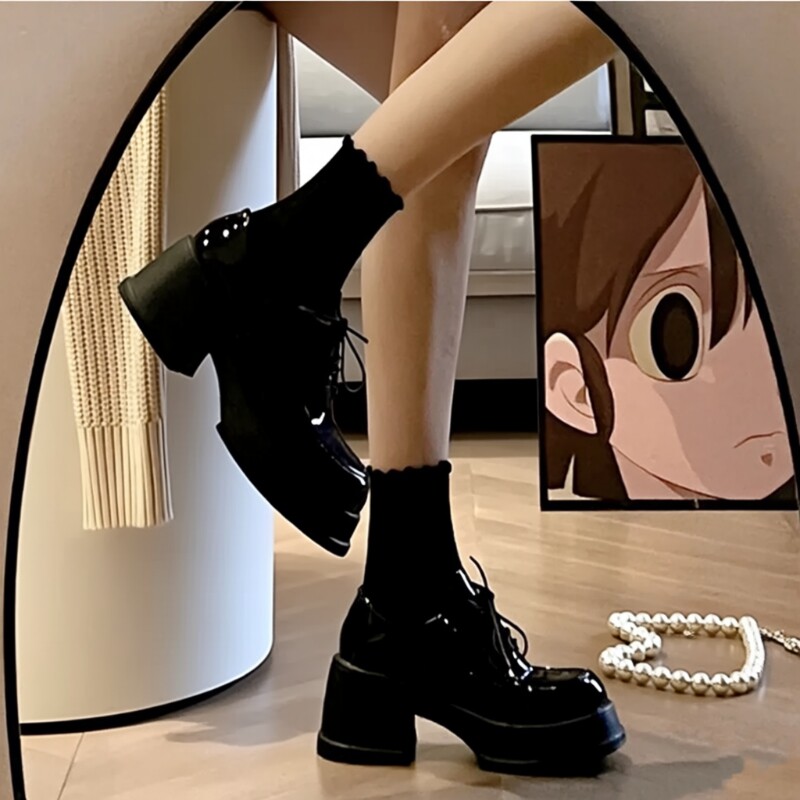 黑色厚底小皮鞋女款夏季增高粗跟玛丽珍鞋松糕学院英伦高跟乐福鞋