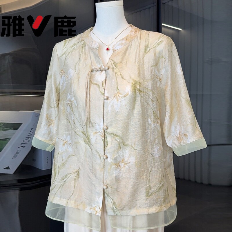 雅鹿中国风妈妈装衬衫女短袖夏装夏季套装气质中老年人衬衣两件套