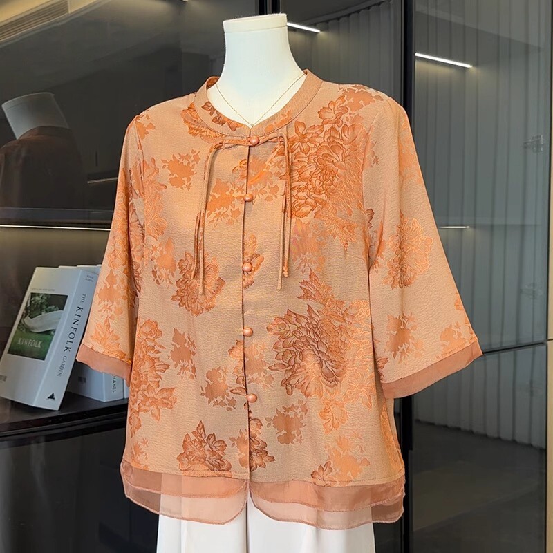 中国风妈妈装中袖衬衫女2026夏装新款上衣服气质中老年人雪纺衬衣