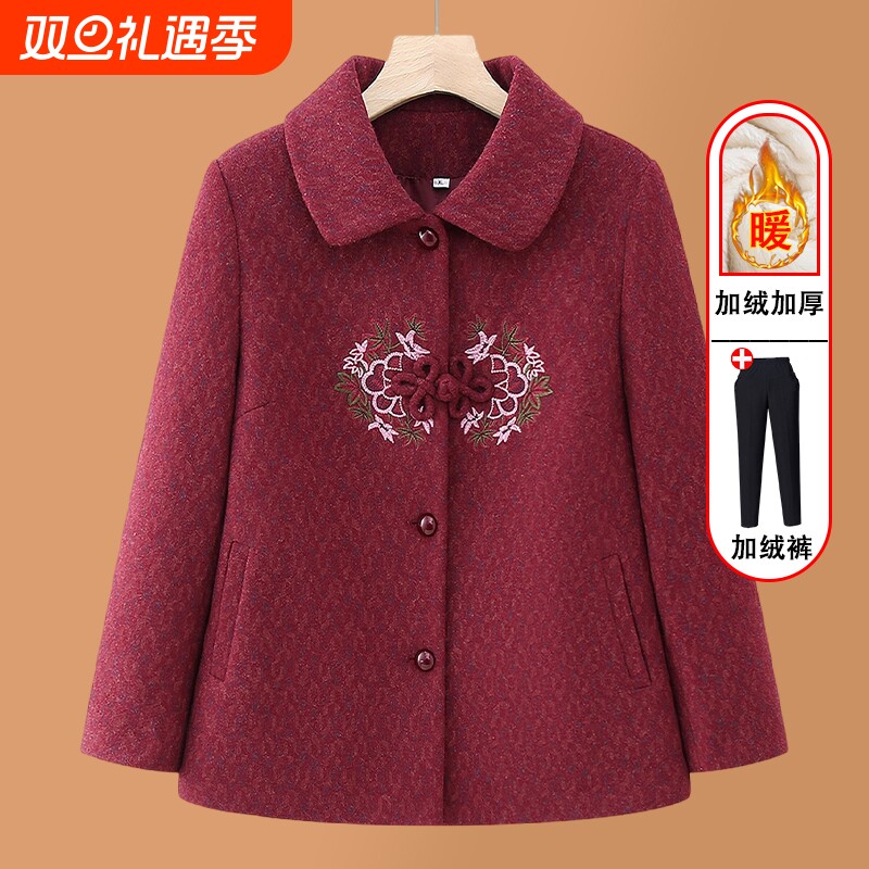 中老年人秋装毛呢外套女奶奶加绒呢子妈妈唐装上衣老太太冬装衣服