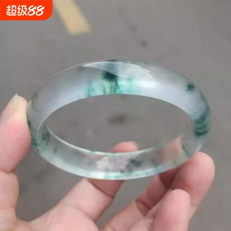 高冰冰透独龙玉飘花手镯高品质翡翠色女款玉石手镯子冰种玉镯圆条