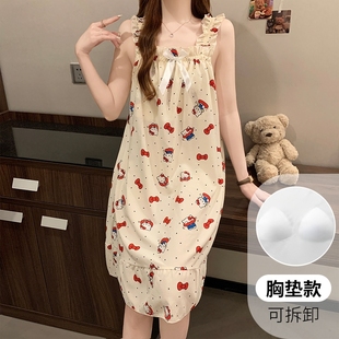 睡裙女生泡泡棉带胸垫宽松蝴蝶结卡通凯蒂猫吊带裙家居服睡衣 夏季