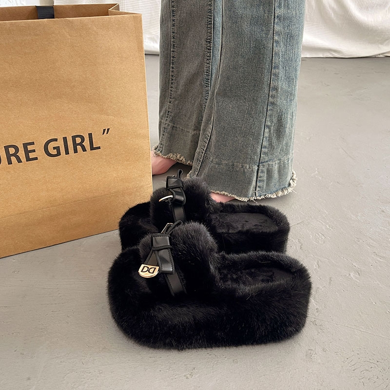 爆款厚底毛毛拖鞋女秋冬外穿高级感2025新款毛茸茸增高棉拖鞋毛绒