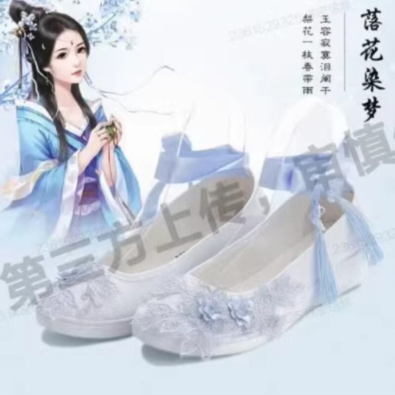汉服鞋子女古风淡雅蝴蝶帆布鞋学生复古绑带平底舞蹈鞋古装表演鞋