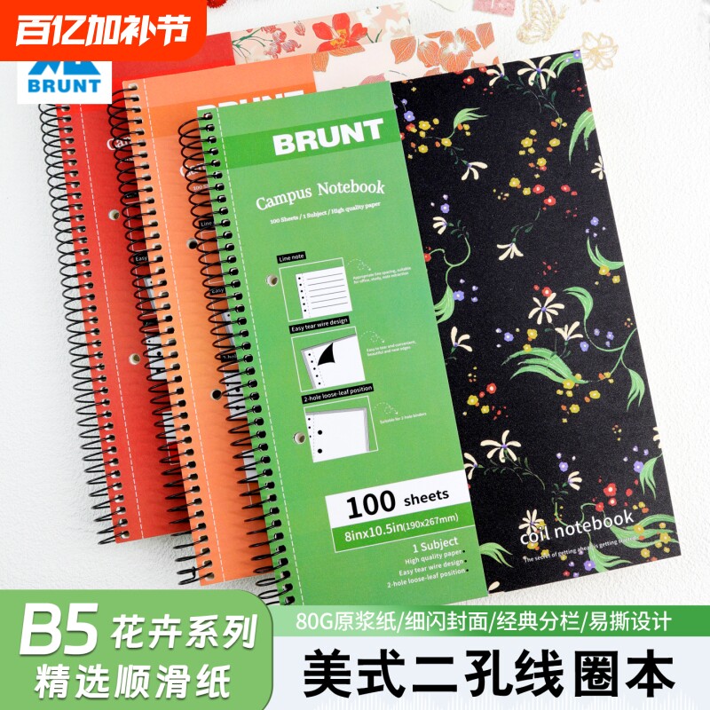 BRUNT花卉系列美式线圈本B5笔记本本子复古高级质感时尚磨砂细闪大学生英语单词本两孔分栏可撕活页纸记事本