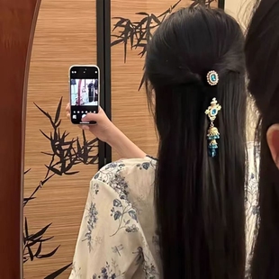 「」新中式蓝色流苏发夹女古风边夹刘海发卡发饰夹子短发发型节日