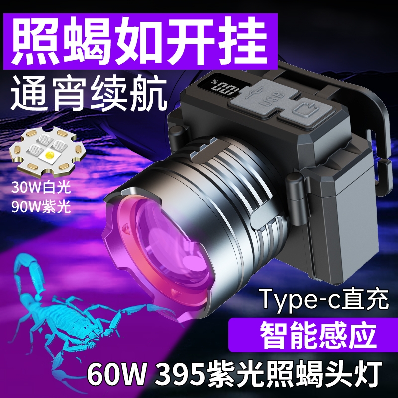 照蝎子专用灯强光头灯充电头戴式大功率超亮紫光超长续航感应蝎子