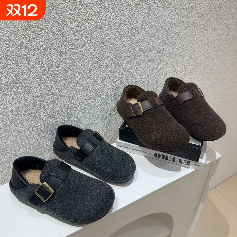 两穿勃肯鞋女秋冬2025新款厚底全包灰色一脚蹬加绒保暖棉鞋毛毛鞋