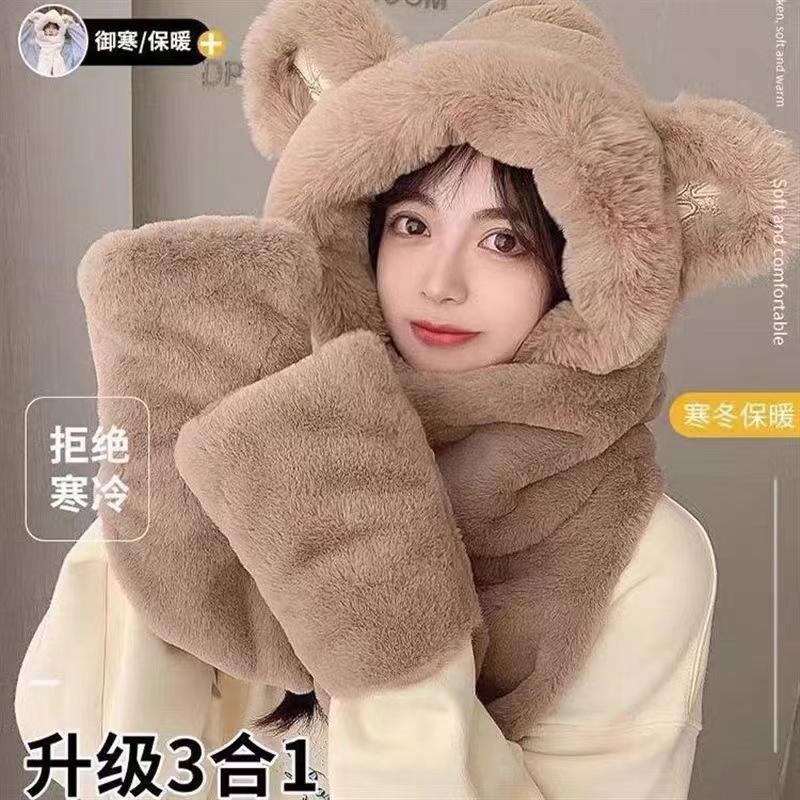 冬天时尚亲子三合一围巾爆款带帽一体加厚可爱一体帽防寒粉色过冬