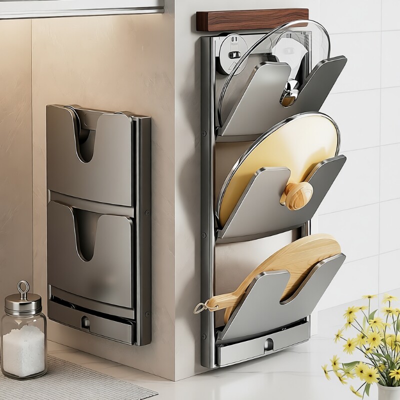 锅盖架壁挂式免打孔吸盘多功能厨房置物架砧菜板收纳神器折叠上墙