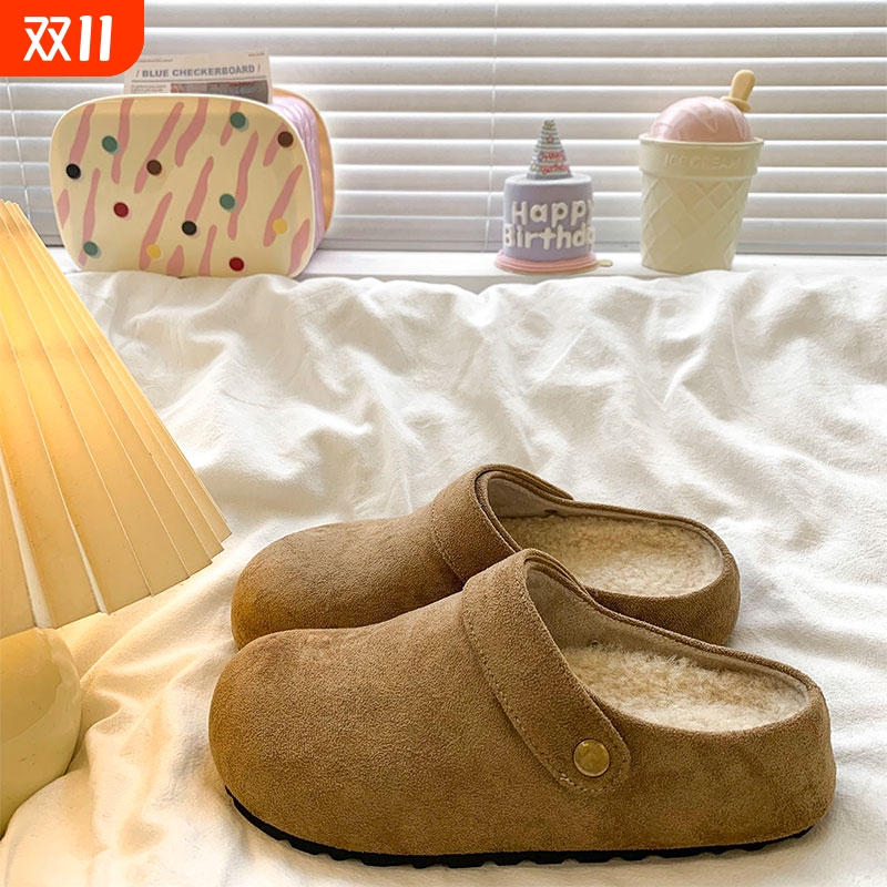 复古加绒两穿勃肯鞋女2025秋冬新款内增高厚底包头半拖鞋博肯棉拖