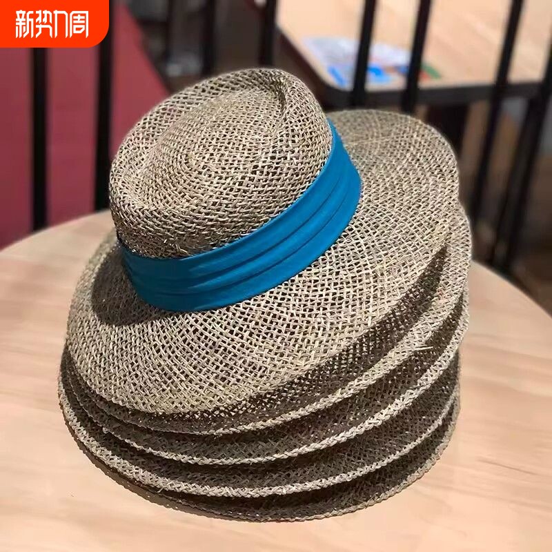 草编网红平顶帽子女款草帽夏季礼帽英伦海边度假防晒帽镂空遮阳帽